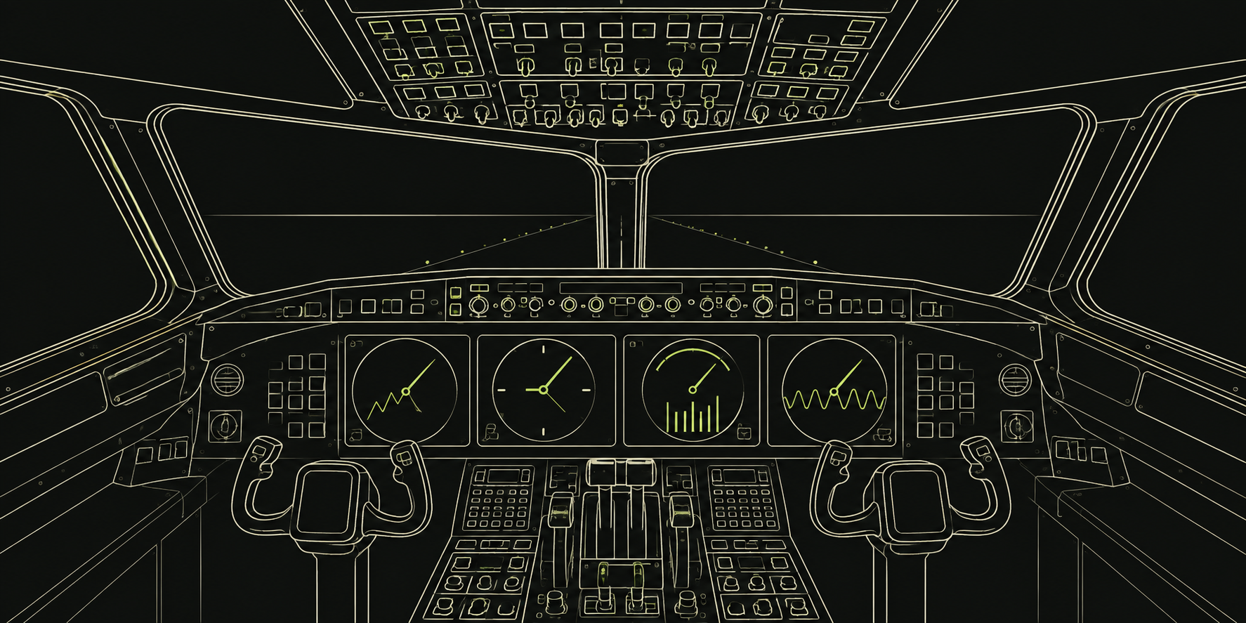 A clearly outlined aircraft cockpit with windshield frames, overhead controls, two yokes and four illuminated instruments for price, time, volume and volatility.